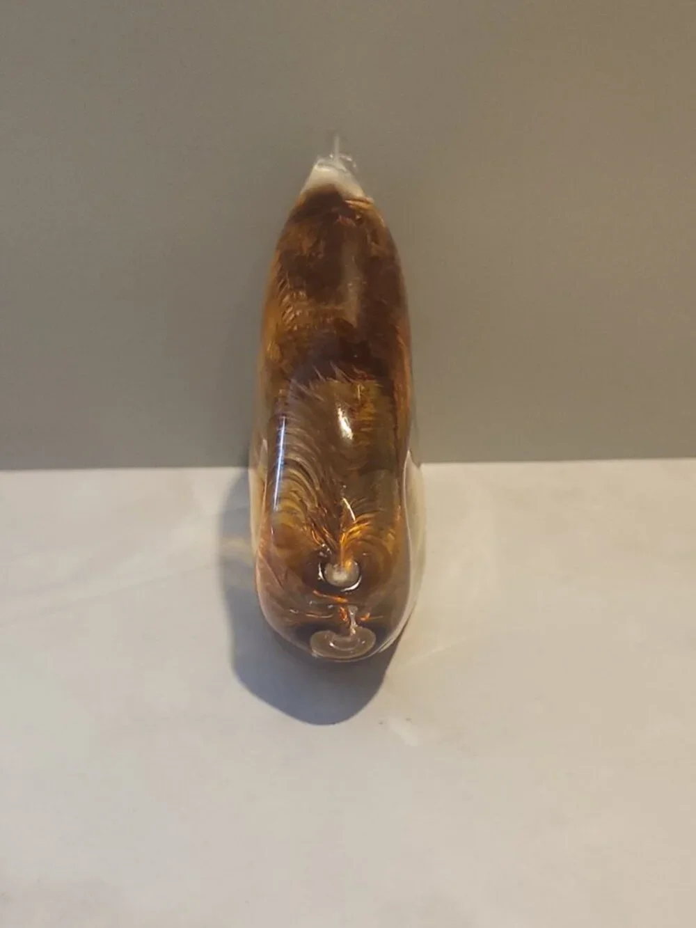 Vintage~Signed Kenneth Marine~Art Glass~Kissing Fish~Paperweight~Amber~Clear